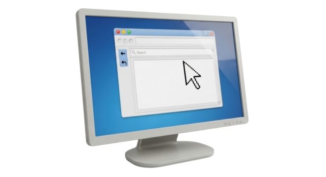 Isolated desktop computer monitor with application window and pointer icon showing up