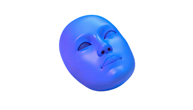 A minimalist, blue, serene, face-shaped mask floats isolated against a stark black backdrop