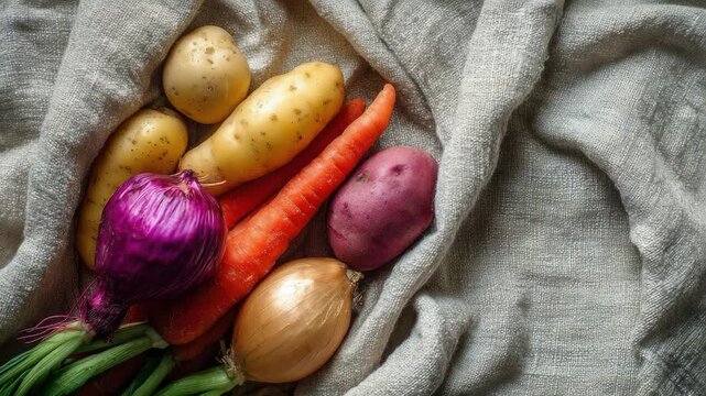Fresh vegetables on a gray cloth: yellow potatoes, purple potatoes, a carrot, red onion, yellow onion, and green onions.