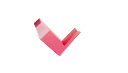 A glossy, 3D-rendered, coral-pink downwards facing "V" shape against black