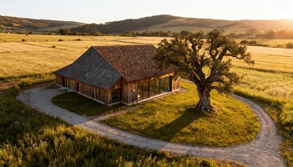 Rustic barn house with tree and gravel driveway in golden fields at sunset 
