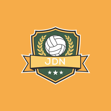 JDN Volleyball Logo Design JDN Modern Sports Shield Emblem with Ball, Laurel and Ribbon for Volleyball Club, JDN Tournament and Team Branding
