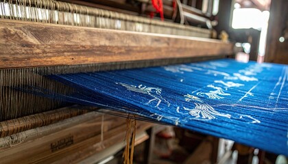 Traditional weaving loom creating intricate blue fabric close-up.