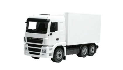 Bright white delivery truck on a transparent background; three axles and tall cargo box