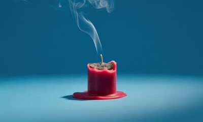 Obraz premium A burnt-out red candle emits wisps of smoke against a vibrant teal backdrop