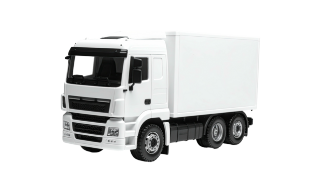 Bright white delivery truck on a transparent background; three axles and tall cargo box