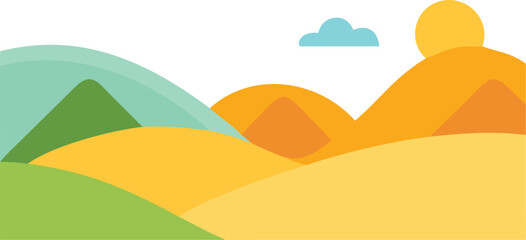 Flat illustration of a mountain range with varying peaks and a clear blue sky in the background.