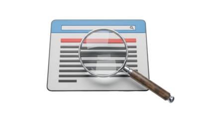 Isolated document with search box and magnifying glass for online research work aid