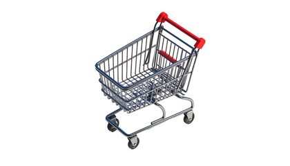 A shiny chrome cart, red handle, small wheels, isolated on black