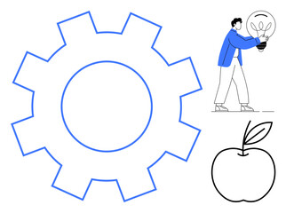 Gear symbolizing productivity, person holding a light bulb for innovation, apple for knowledge. Ideal for teamwork, education, creativity, problem-solving, efficiency strategy growth. Simple flat