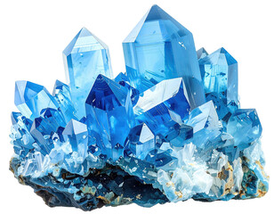 Cluster of vibrant, light-blue crystals on dark base