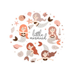 Set of cute mermaids. Underwater world. Shells and corals. Round composition. Children's vector illustration