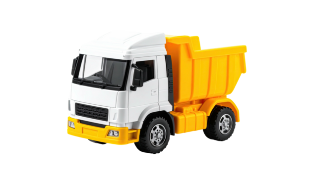 A toy dump truck with a white cab and yellow bed on a transparent background