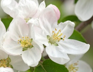 Close-up of delicate white apple blossoms with hints of pink
