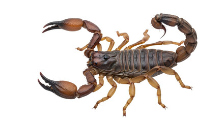 Isolated scorpion macro, arthropod with pincer claws, segmented body, and curved stinger tail