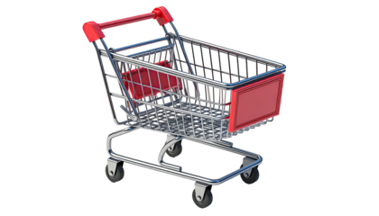 Rendered, empty shopping cart with red accents on a black background