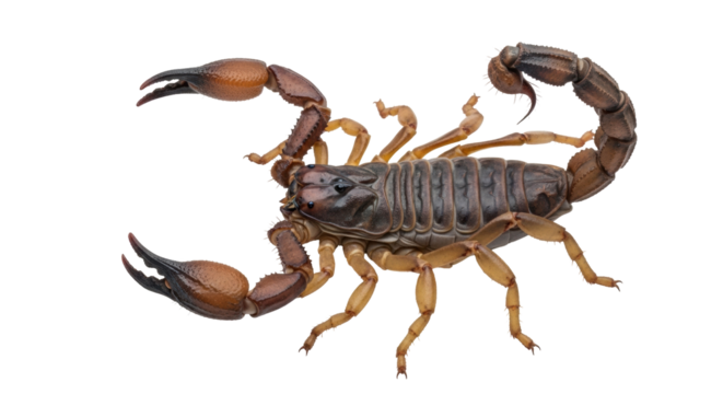 Isolated scorpion macro, arthropod with pincer claws, segmented body, and curved stinger tail