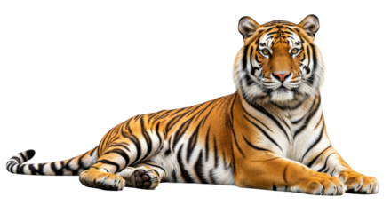 Isolated tiger resting in studio looking towards camera, animal striped predator, cat, Bengal feline