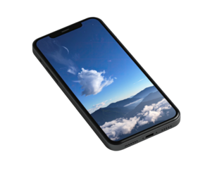 Angled phone screen displaying a landscape scene of mountains and fluffy clouds