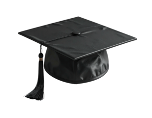 A black graduation cap with a tassel, set against a stark black background