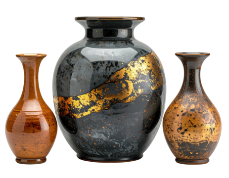 Three decorative ceramic vases, two dark gray/black with gold accents, one a warm brown