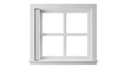 Isolated square divided light window with an open sash, frame is white, no background