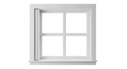 Isolated square divided light window with an open sash, frame is white, no background