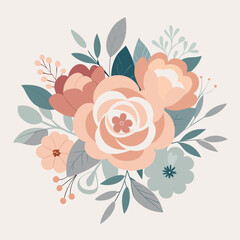 Elegant vector illustration of a floral bouquet, featuring a variety of colorful flowers arranged with green leaves.