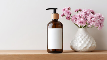 Amber Glass Dispenser Bottle On Wooden Shelf: Minimalist Cosmetic Container With Blank Label And Pink Flowers In Vase Against Light Wall Creating Natural Spa And Skincare Product Scene
