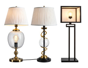 Three table lamps with various styles.  Two have cream-colored pleated lampshades, one is a square dark lamp.  All have glass globes