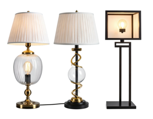 Three table lamps with various styles.  Two have cream-colored pleated lampshades, one is a square dark lamp.  All have glass globes