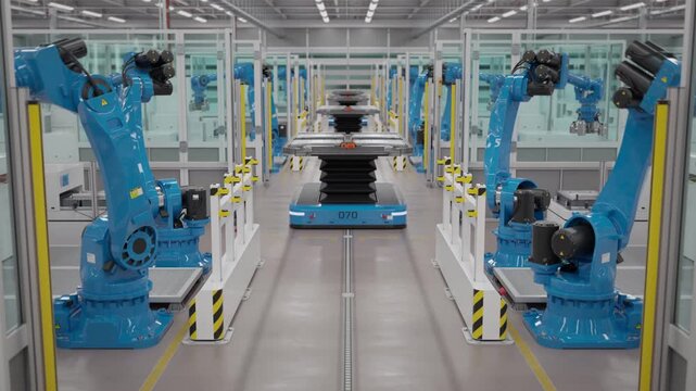 Timelapse of robotic arms assembling battery modules of electric cars. Fully automated EV production line with AI and autonomous robots. Modern electric car factory. Front view. 3d animation render