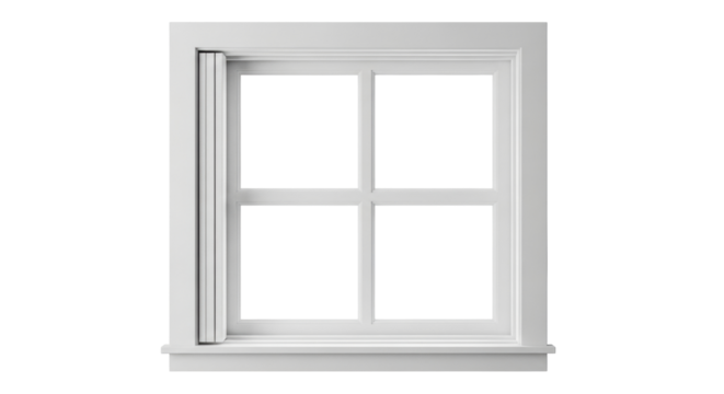 Isolated square divided light window with an open sash, frame is white, no background