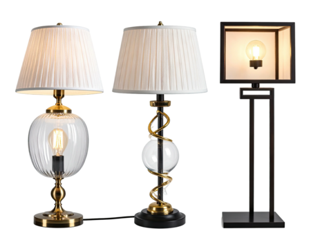 Three table lamps with various styles.  Two have cream-colored pleated lampshades, one is a square dark lamp.  All have glass globes