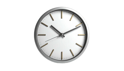 Modern, minimalist wall clock with silver frame and white face, black hands