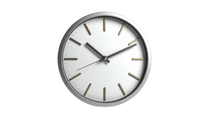 Modern, minimalist wall clock with silver frame and white face, black hands