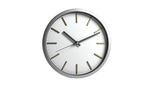 Modern, minimalist wall clock with silver frame and white face, black hands