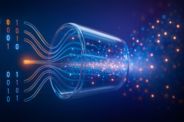 Abstract visualization of data flow through a digital funnel with binary code, symbolizing artificial intelligence, big data processing, and futuristic technology networks