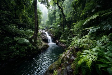 Waterfall in tropical jungle surrounded by lush vegetation