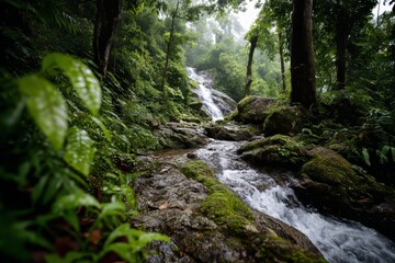 Waterfall in tropical jungle surrounded by lush vegetation