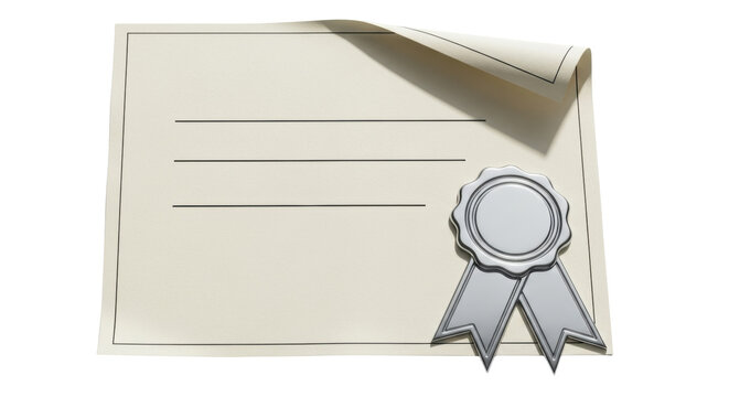 Isolated tan certificate of completion with silver seal and curl, blank document, lines