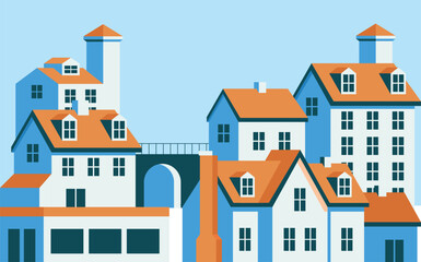 Flat illustration vector in bright colors. Geometric house background design	