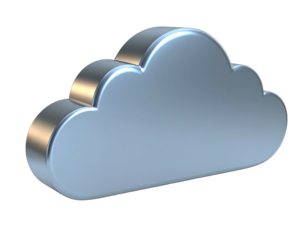 A 3D rendered, shiny, metallic cloud graphic on a black background