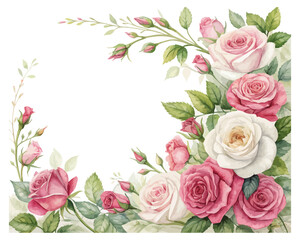 Watercolor Floral Border with Pink and White Roses isolated on white background