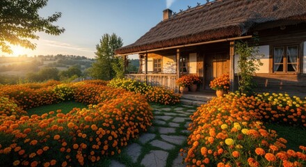 Picturesque cottage with vibrant flower garden at sunset, idyllic scene.