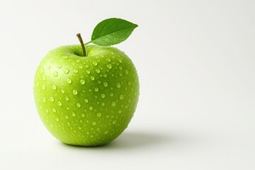 Green apple with water drops on clean white background with soft lighting and copy space concept of health nutrition freshness and wellness