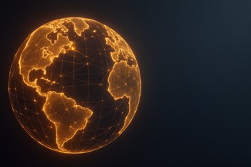 Glowing digital globe made of light lines on dark gradient background with wide copy space concept of global technology network and innovation