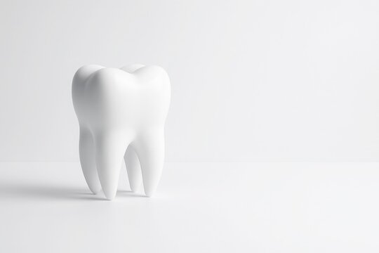 White tooth isolated on clean minimal background with soft lighting and wide space for text concept of dental health oral care and professional dentistry