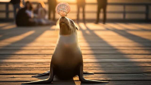A Seal Balancing a Shell on Its Nose on a Wooden Boardwalk at Sunset