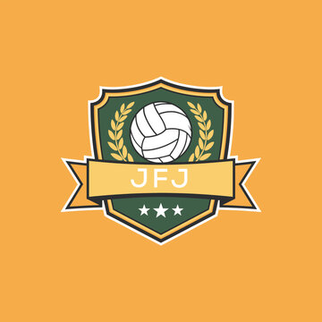 JFJ Volleyball Logo Design JFJ Modern Sports Shield Emblem with Ball, Laurel and Ribbon for Volleyball Club, JFJ Tournament and Team Branding
